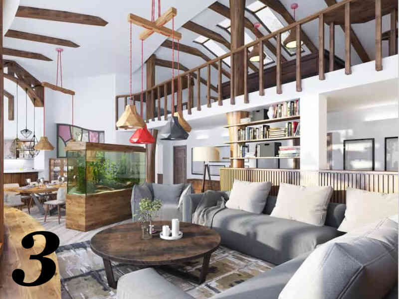 Koyu kahverengi tonuyla öne çıkan ahşap kirişlere kontrast tek yüksek beyaz kemerli tavanın altında harika bir oturma odası.