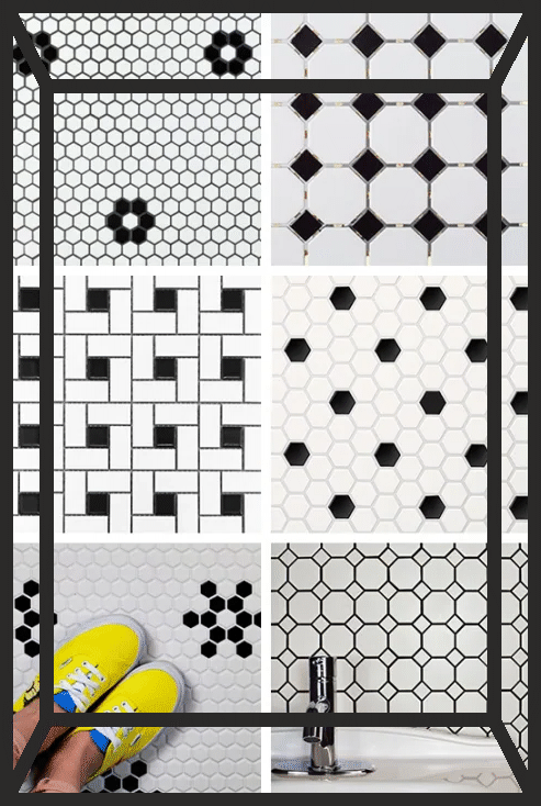 Banyonuzun zeminini yenilemek istiyorsanız, çok sayıda klasik tarzda siyah beyaz desenli karo bulabilirsiniz